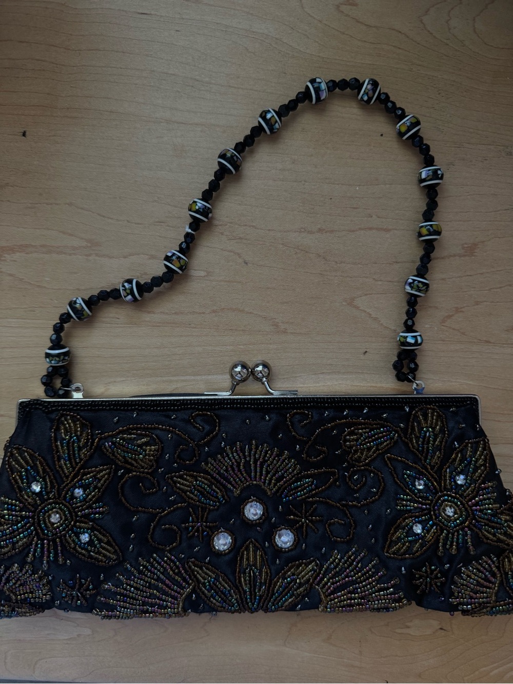 Bisou Bisou Vintage Black Beaded Evening Clutch with Floral Embroidery